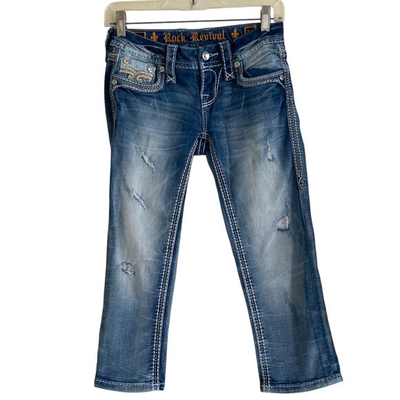 Rock Revival Jaylyn Low Rise Ripped Faded Embroidered Distressed Capri Jeans 24 - Picture 1 of 16